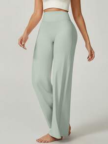 NcmRyu 1pc Women Solid Color Loose Fit High Waist Wide Leg Sports Pants - Green - View 9