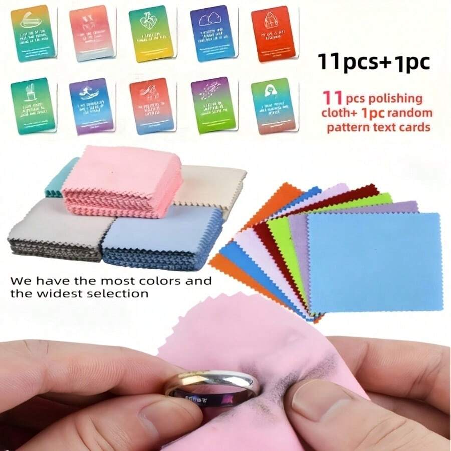 11+1件套珠宝抛光布，用于清洁和抛光珠宝及配饰，包含11块抛光布和1张随机图案文字卡 - 适合作为礼物和各种场合使用 - 珠宝托盘配件 - 11拋光布+1文字卡片 - 查看 1