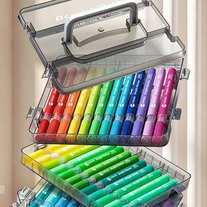 24 Colors Soft Tip Marker Pens, Transparent Box Watercolor Painting Brush, Washable Acrylic
