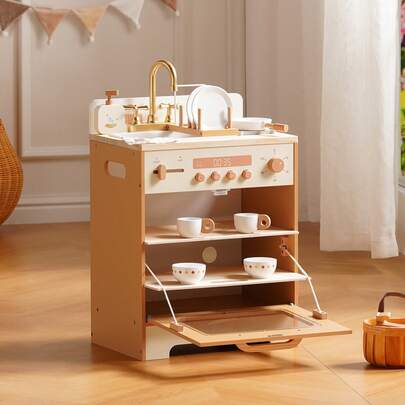 Robotime Wooden Caramel-Colored Dishwasher Model Toy – An Interactive Toy For Children Aged 3 And Up, Featuring Realistic Sound Knobs, Cleaning, And Storage Functions, Suitable For Role-Playing Games