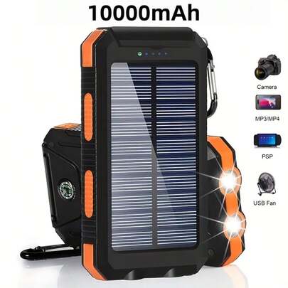 XBJ New Portable Solar Power Bank, Large Capacity 10000mAh, Dual USB Output Charging 4 Devices Simultaneously, Solar Powerbank, Wireless Charger With 2 LED Torches 3 Modes, Built-In Hook, Anti-Slip Design, Built-In Compass For Accurate Direction Identification, Travel Essential, Must-Have Camping Equipment, Compatible With All Mobile Phones & Electronic Devices, Ideal For Travel, Camping, Climbing, Hiking, Beach Activities And Emergency Backup Power Supply
