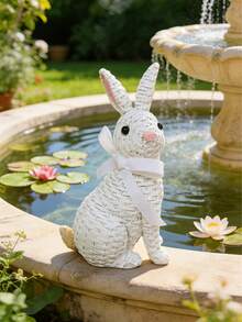Resin Woven Texture Rabbit Figurine Set (With White Ribbon) - Adorable Rabbit Design, Suitable For Placing On Living Room Shelves, Patio Tables, And Vanity, Creating A Warm And Charming Atmosphere, A Popular Accessory For Fashionable Indoor And Outdoor Decor. Easter Decoration, Easter Gift - A - View 4