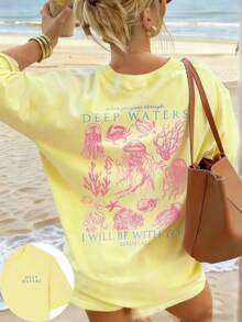 Women's Summer New Simple Cute Marine Life Print Casual Vacation Style Loose Versatile Round Neck White Short-Sleeved T-Shirt Fashionable Daily Tops Suitable For Daily Vacation Wear. Graphic Tees Women Pink Top-Unisex Comfortable Vintage Street Style Loose-Fit Washed T-Shirt - 黃色 - 查看 12