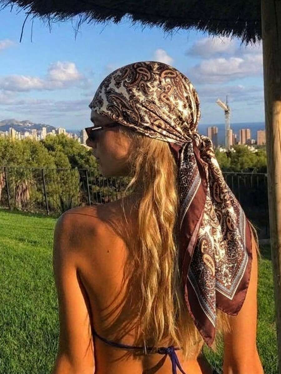 1 chiếc khăn trùm đầu nữ thời trang Xuân/Hè 2026 in họa tiết Paisley, kích thước 90*90cm, kiểu dáng thường ngày, đa năng, phù hợp cho mọi mùa. - cà phê - Xem 1