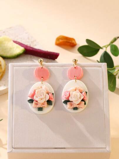 1 Đôi bông tai gốm hình hoa hồng cổ điển, bông tai họa tiết hình học phối màu, bông tai phổ biến dành cho nữ giới xuyên biên giới.
