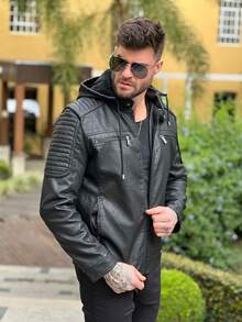 Men's Faux Leather Motorcycle Jacket - Black - View 1