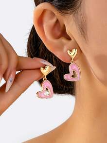 1 Pair Minimalist Chic Sweet Pink Heart Dangle Earrings (For Women) - Pink - View 1