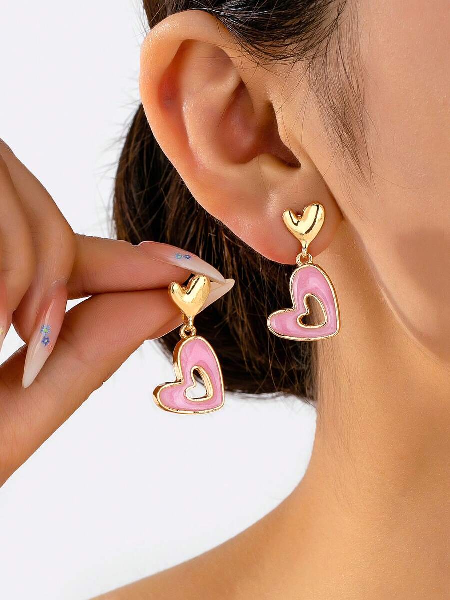 1 Pair Minimalist Chic Sweet Pink Heart Dangle Earrings (For Women) - Pink - View 1