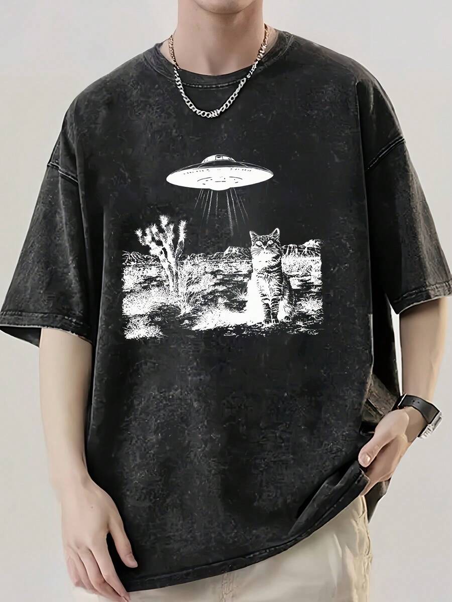 Summer Tops With UFO Cat Print, Summer Men's  Drop-Shoulder Sleeves, High-Quality Thick Heavy-Duty Oversized Boutique Vintage Washed Pure Cotton Round-Neck T-Shirt, Street Style Loose Hip-Hop Top, Short-Sleeve Shirt - 黑色 - 查看 1