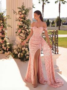 ADYCE Đầm maxi dáng xòe bất đối xứng đính sequin lấp lánh, cạp cao, xẻ tà cao, thích hợp cho dạ hội, tiệc sinh nhật, tiệc tối trang trọng, hẹn hò, dạ tiệc, dự đám cưới, các dịp trang trọng. Màu hồng xuân. - Hồng - Xem 7