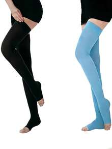 2双男女通用大腿高筒压缩袜，露趾设计，静脉曲张腿部支撑袜 - 彩色 - 查看 19