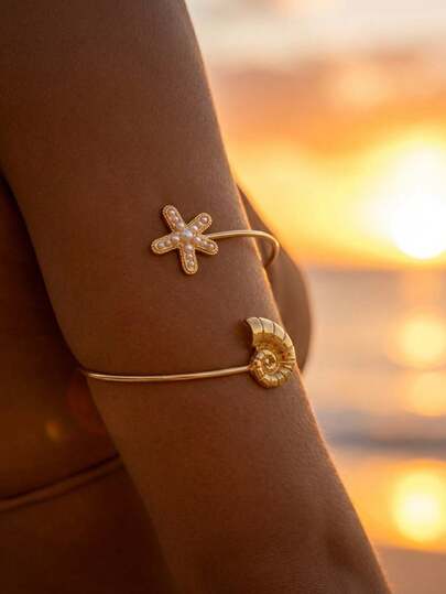 1件海星贝壳镶嵌珍珠手链，女士夏季时尚身体饰品，适合女性街头、派对和海滩穿着的身体链配饰