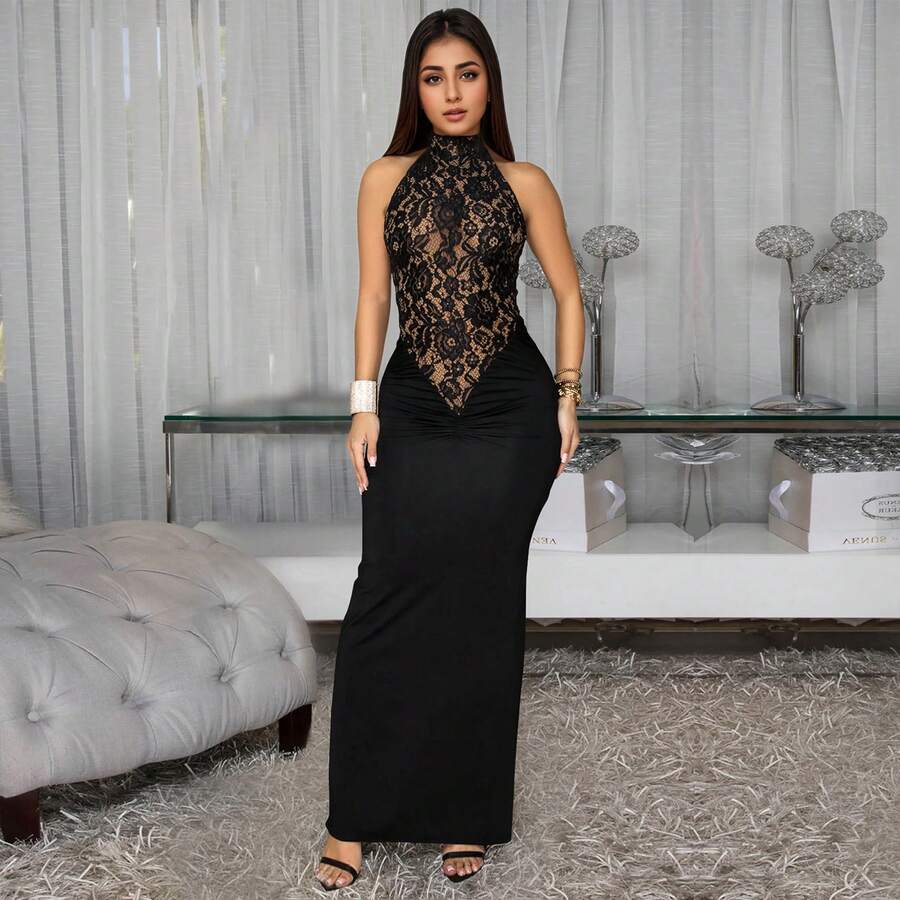 Vestido sexy de encaje para mujer, vestido formal con abertura alta, vestido largo sin mangas de Body ceñido y transparente, perfecto para fiestas, citas y ocasiones, fiesta de boda, negro - Negro - Ver 1