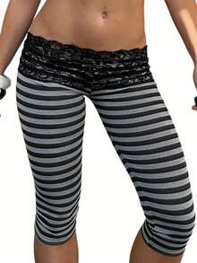 Womens Lace Trim Plain 3/4 Leggings Gym Stretch Capri Cropped Jogging Pants - Màu xám đen - Xem 4