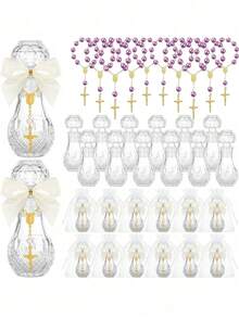 洗礼礼品套装：亚克力洗礼念珠，搭配人造珍珠和欧根纱袋，适合作为洗礼派对礼物（金色珍珠手链） - 彩色 - 查看 23