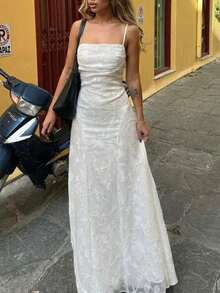 2026春夏新款优雅法式长裙，适合日常、约会、通勤、海滩、度假、办公室、情人节、镂空花卉、生日派对等场合，白色 - 白色 - 查看 6