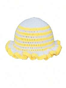 1pc Women Handmade Crochet Ruffle Brim Bucket Hat, Novelty Casual Floppy Cloche Hat - Màu trơn - Xem 2