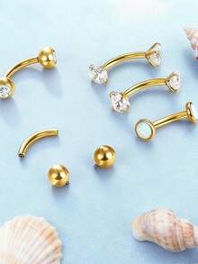 女士小巧金色肚脐环 - 低过敏性内螺纹精致肚脐穿孔饰品，镶嵌小巧的漂浮锆石，简约弯曲杠铃式肚脐环 - A - 查看 6