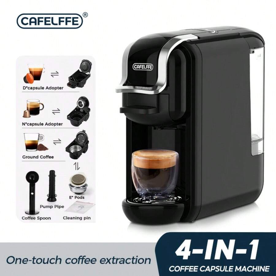 Cafelffe 4-In-1 Capsule Coffee Machine, 20 Bar Fully Automatic Home Coffee Maker Supporting Hot/Cold Brew, Compatible With Nes*/D Series Capsules/ESE Coffee Bags/Ground Coffee, Instant Heating For Quick Coffee Making, Compact Design Suitable For Home Use