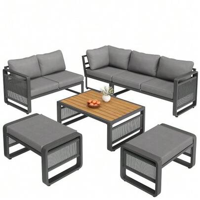 Garden Set With Sun Loungers, Furniture For 6 To 7 People, Hand-Braided Rope Garden Sofa, Weather-Resistant Corner Set And Iron Sun Lounger, Including Soft Seat And Back Cushions, Adjustable Feet, Beige