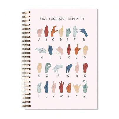 1pc ASL/BSL/DSL Sign Language Alphabet Notebook - Spiral-Bound Hardcover Journal With Golden Cover, 50 Page Diary For Education, ASL Classes, Interpreter Training Gift Suitable For Office School Supplies