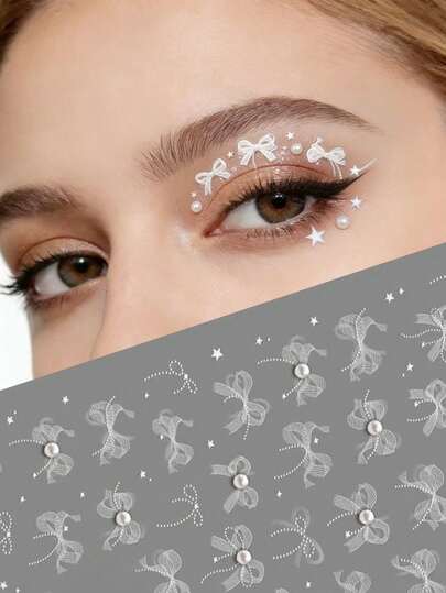 1片蕾丝蝴蝶结珍珠脸贴，图案精致，透明质感，自粘式，可用于DIY脸部妆容、音乐节造型、派对妆容、摄影、舞台妆装饰、脸部点缀、派对用品、锐舞配饰、节日必备装饰