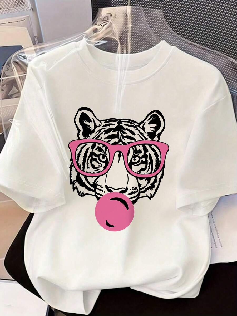 女士夏季新款简约时尚虎嘴泡泡印花休闲度假宽松百搭圆领绿色短袖T恤，时尚日常上衣，适合日常度假穿着 白色