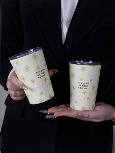 1pc 350ml Beige Daisy 304 Stainless Steel Vacuum Insulated Tumbler, Keeps Drinks Hot/Cold, Large Capacity Portable Coffee/Water Cup, Suitable For Car, Travel, Gym, Outdoor Activities, Birthday, Holiday Gift