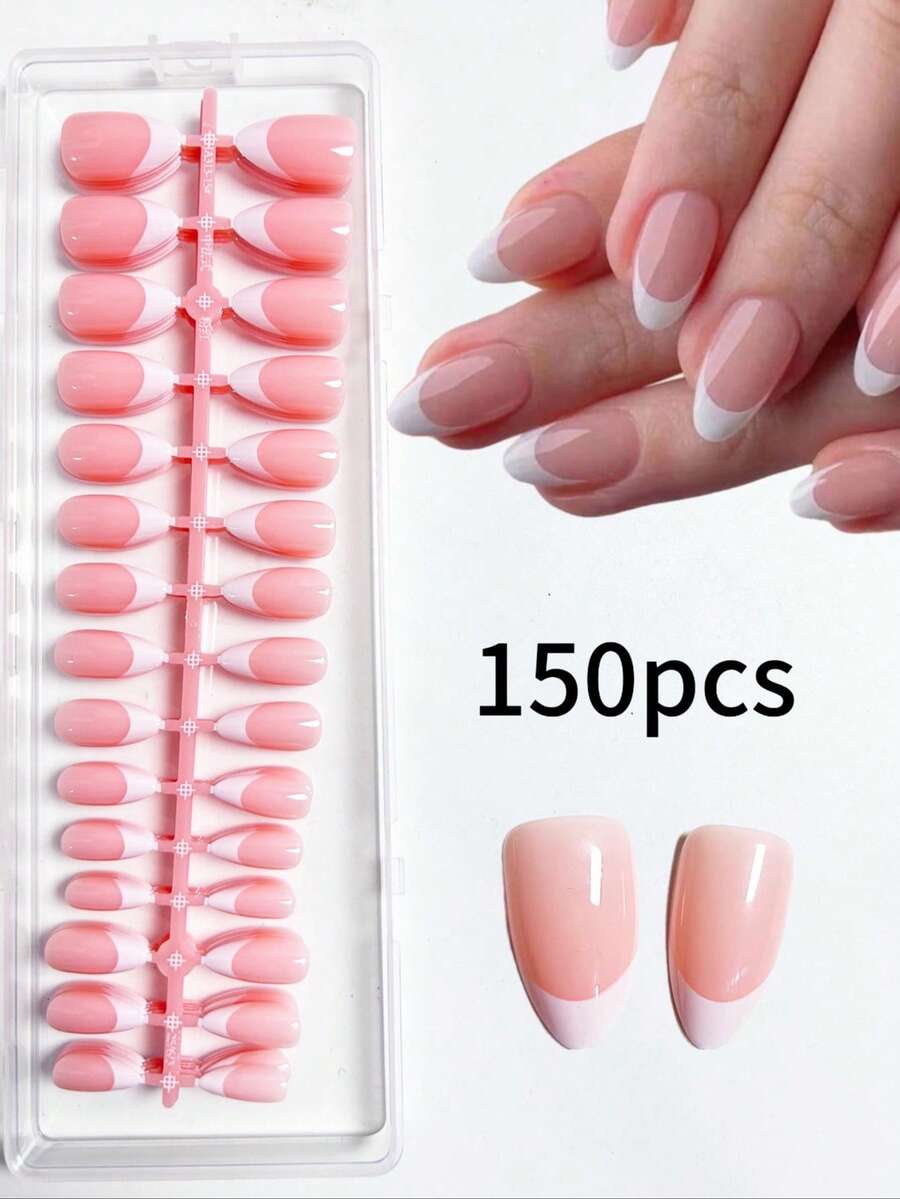 150 móng giả tròn màu hồng kiểu Pháp, 15 kích cỡ, miếng dán móng 3 trong 1, bền lâu, tự làm móng. - Hồng - Xem 1