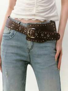 Thắt lưng eo nhỏ cong kiểu dáng Y2K Mỹ mới, đính đinh tán, đa năng, không đối xứng. - khóa bạc nâu - Xem 4