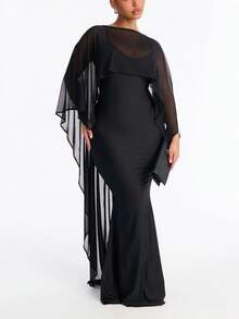 Awevudst Women High Low Capelets Shawls And Wraps For Evening Dress Chiffon Cape Sheer Shawl Wedding Bridal Shawl Cape Evening Dress Capelets 3 Multi-Ways Shawl Bridesmaids Capelet Scarf - màu đen - Xem 4