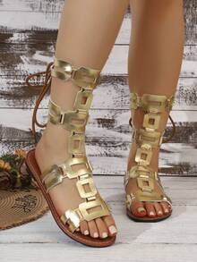 Women's Summer New High-Top Open Toe Lace-Up Design Hollow Out Rivet Inlaid Comfortable Fashion Casual Roman Sandals,Beach Shoes - Gold - View 4