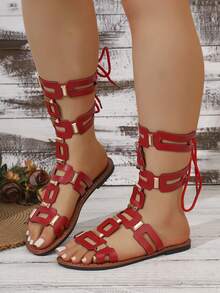 Sandal Wanita Musim Panas Terbaru Model Baru, Bertali, Ujung Terbuka, Desain Berongga, Bertatahkan Paku Keling, Nyaman, Modis, Kasual, Gaya Romawi, Sepatu Pantai - Merah - View 5