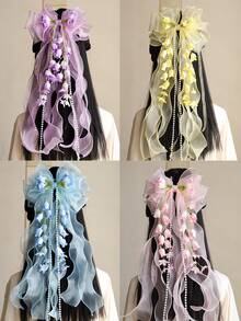 1个铃兰图案网纱发夹，甜美可爱，长丝带，适合芭蕾舞、汉服、日常佩戴、海滩度假、摄影、夏季、旅行等场合，带爪夹。 - 彩色 - 查看 3