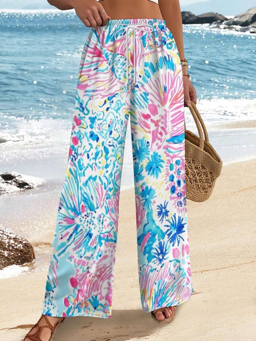 Women's Summer Wide Leg Pants Tropical Print Vibrant Floral Coral Reef Pattern Tee Lightweight Vacation Cruise Beach Top Comfortable Crew Neck Yoga Pants Sleeve Casual Ladies Bottoms Stylish Flared Trousers Relaxed Fit Beachwear Essential Apparel Wear ≤250 Characters - 彩色 - 查看 1