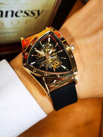 1pc Men's Gold Sport Triangle Hollow Automatic Watch, Luminous Hands, Suitable For Easter,Halloween, Christmas,Father's Day,Birthday,Back-To-School,Students,Festivals,Valentine's Day,Dating,Business,Daily,Gifts,Music Festival,Wedding Season