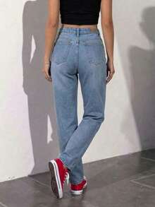 Pantalón Mujer Casual Straight Leg Washed Ripped Raw Hem Tela rígida Bolsillos Button Zipper Corte Recto Sin Estampado, atemporal uso  Diario - azul claro s/d - Ver 6