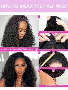 Tóc giả nửa đầu bằng tóc thật, độ dày 180%, kiểu xoăn tít, không cần keo dán, dành cho nữ, tóc thật 3 trong 1, có dây rút, không đường may, kiểu lật ngược với dây điều chỉnh, đường chân tóc vô hình, thân thiện với người mới bắt đầu, màu đen tự nhiên. - Natural Black - Xem 5