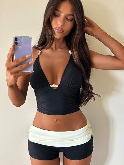 女士黑白吊带泳衣，时尚健身服，性感海滩度假装，优雅女士音乐节派对装，波西米亚复古风，都市海滩皆宜，2023春夏海滩度假装