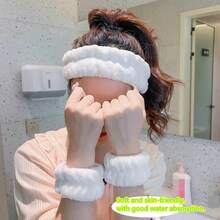 3pcs Set: Plush Absorbent Headband And Wrist Protector, Suitable For Face Washing, Skincare, Bathroom. Colors: Pink, White, Gray. The Wrist Protector Helps Keep The Wrists Dry During Face Washing. - FC64 Headband Set - View 2