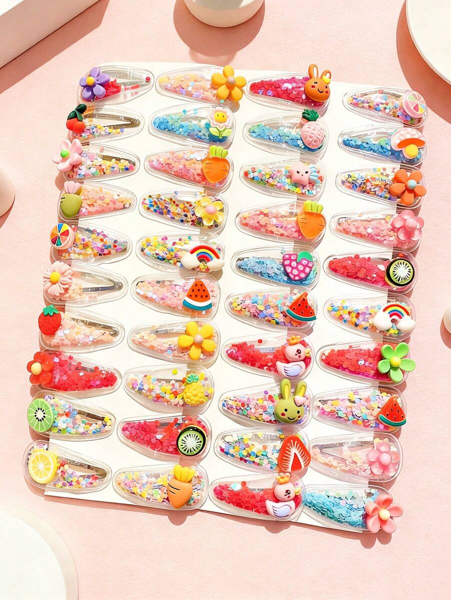 Bộ 10 kẹp tóc mùa hè 2026 Dopamine Flowing Sand, kẹp tóc BB trong suốt cho bé gái với mặt dây chuyền hình trái cây hoạt hình 3D, kẹp tóc chống trượt dễ thương phong cách Y2K, phù hợp cho bé gái sử dụng hàng ngày, dự tiệc và đi nghỉ mát (Không kèm giấy gói). - Nhiều màu - Xem 1