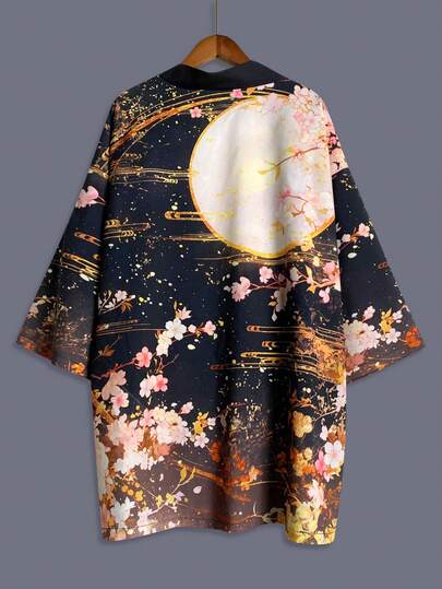 Áo khoác kimono kiểu Nhật, họa tiết cá chép và trăng tối giản cổ điển, dáng rộng, mỏng nhẹ, thích hợp cho cả nam và nữ, mùa xuân/hè, trang phục đi biển thường ngày, trang phục cosplay, trang phục biểu diễn lễ hội/tiệc tùng, kỳ nghỉ.