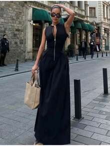 Vestido largo mujer 2026, estilo europeo-americano, cintura alta, color liso, sin mangas, cremallera, corte ajustado, para oficina - Negro - Ver 3