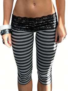 Womens Lace Trim Plain 3/4 Leggings Gym Stretch Capri Cropped Jogging Pants - Màu xám đen - Xem 2