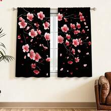 2D Flat Design, 2pcs/Set Sakura Floral Sheer Curtains, Pink Flowers On Black Background, Suitable For Bedroom And Office, Machine Washable Modern Decorative Panel, 2D Flat Style - 2pcs - View 5