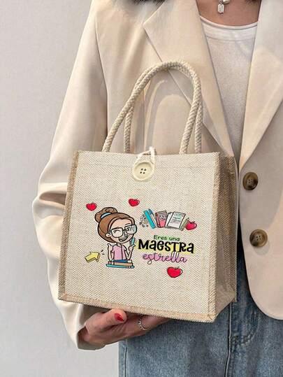 1 pieza Bolso de lona con estampado de letra y flor para el mejor maestro, bolso de mano reutilizable con estampado para mujeres, bolso de compras/escuela con doble asa, bolso de hombro de gran capacidad, bolso casual, bolso de almacenamiento navideño, adecuado para ir al trabajo, la escuela, de compras, uso al aire libre, gran regalo para amigos, maestros, vacaciones y fiestas