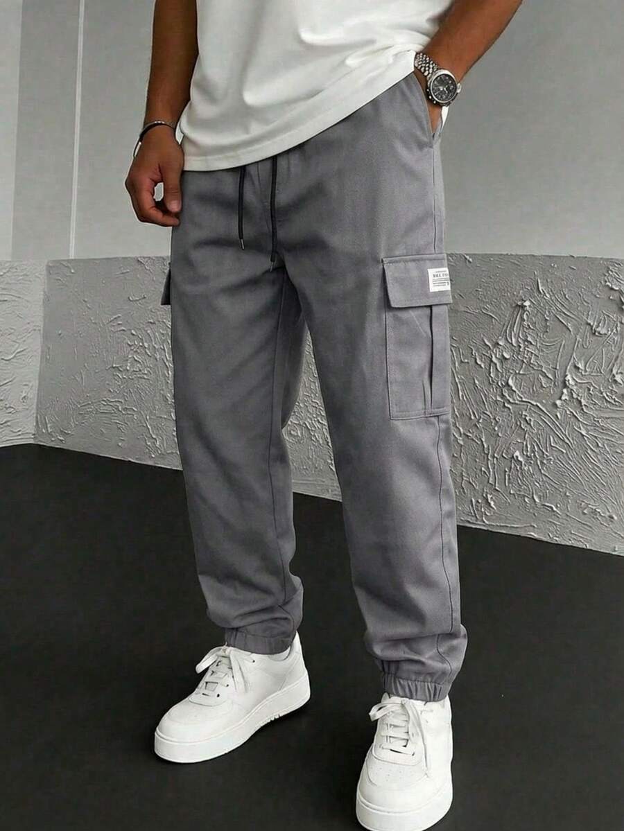Men's Casual Everyday Cargo Pants, Fashionable Drawstring Solid Color Sports Workwear Trousers, Spring/Autumn - Grey - View 1