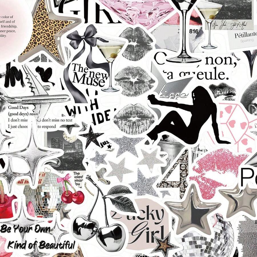 50张银色幸运贴纸，美学贴纸，Y2K风格贴纸，Y2K城市景观贴纸，Y2K礼物，复古贴纸，90年代贴纸，Y2K用品，城市景观贴纸，防水耐用贴纸，适用于笔记本电脑、手机、汽车、滑板、水瓶、计划本、日记本等。 - 彩色 - 查看 1