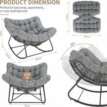 Rattan Rocking Chair, Egg-Shaped Rocking Chair, Oversized Rocking Armchair With Thick Removable Cushion And Metal Frame, Load Capacity Of 150kg, Lounge Chair For Garden, Balcony, Living Room - Gray Rattan + Dark Gray Mat - View 2