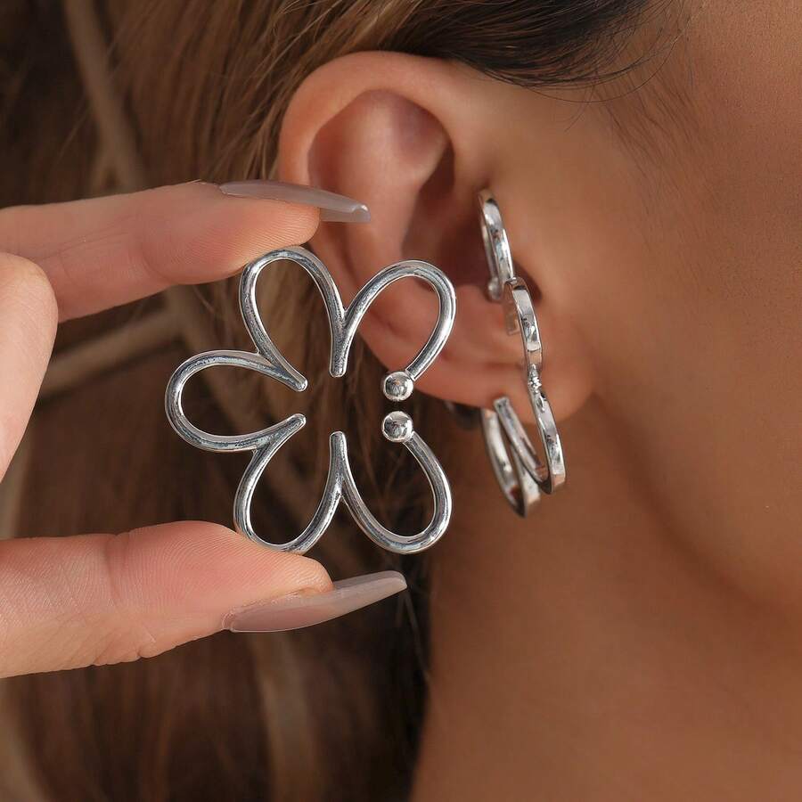 优雅复古花卉U形夹式耳环，百搭个性创意耳环，无需耳洞 - 銀色 - 查看 1